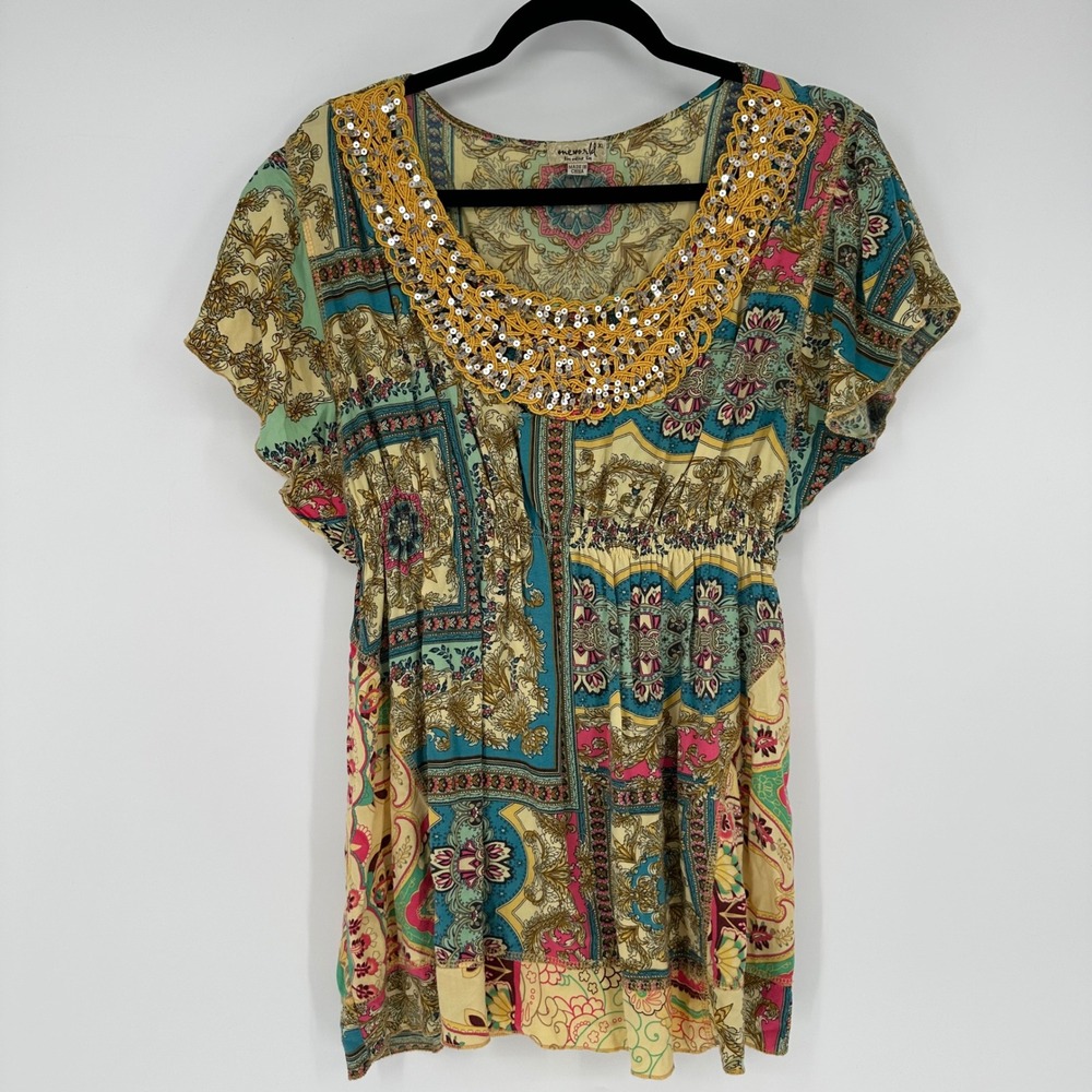 One World Patchwork Colorblock Embellished Top Hippie Bohemian Colorful XL